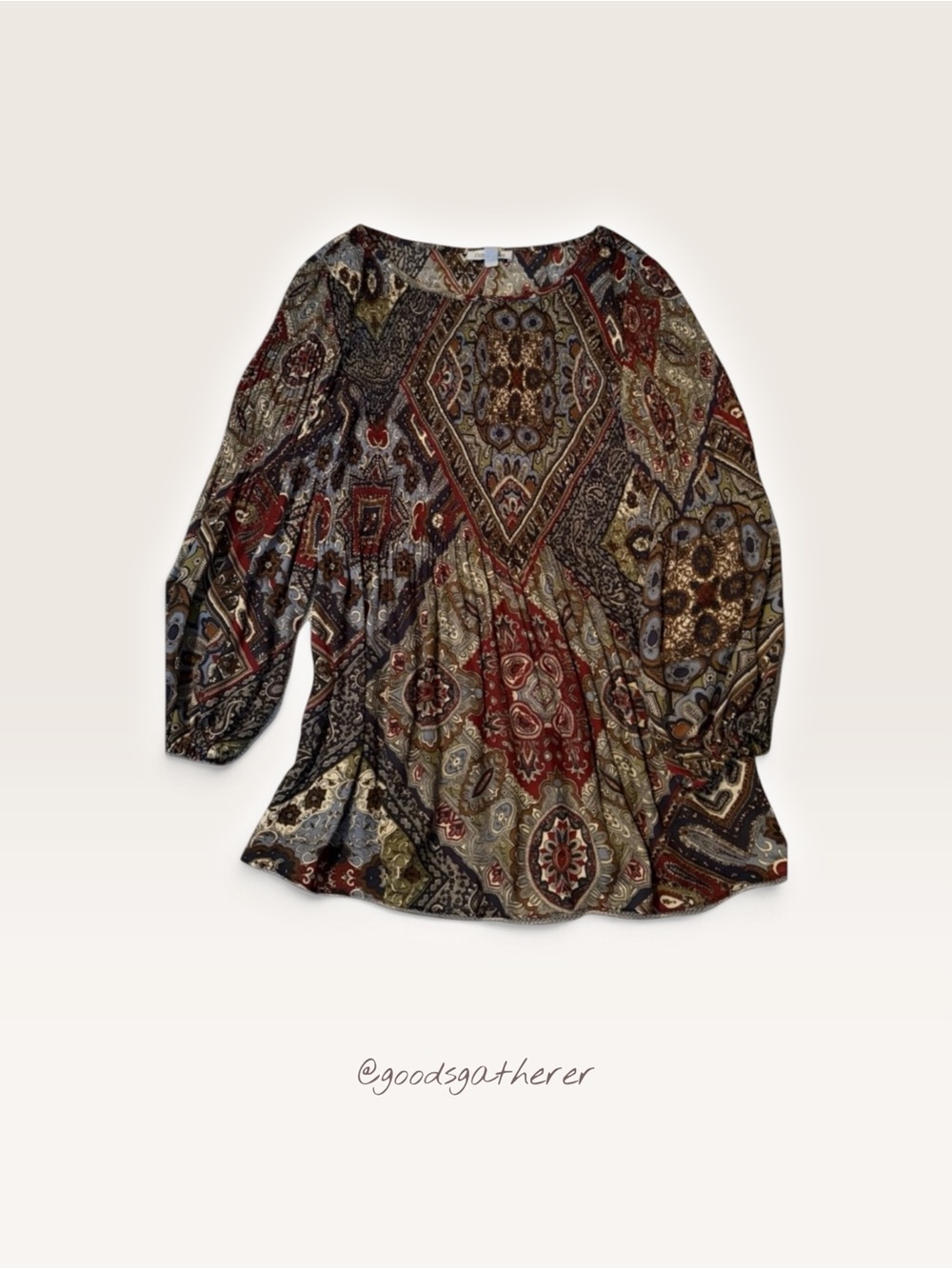 Floral & Ivy M Boho Paisley Tunic Top 3/4 Sleeve Whimsigoth Patchwork Print